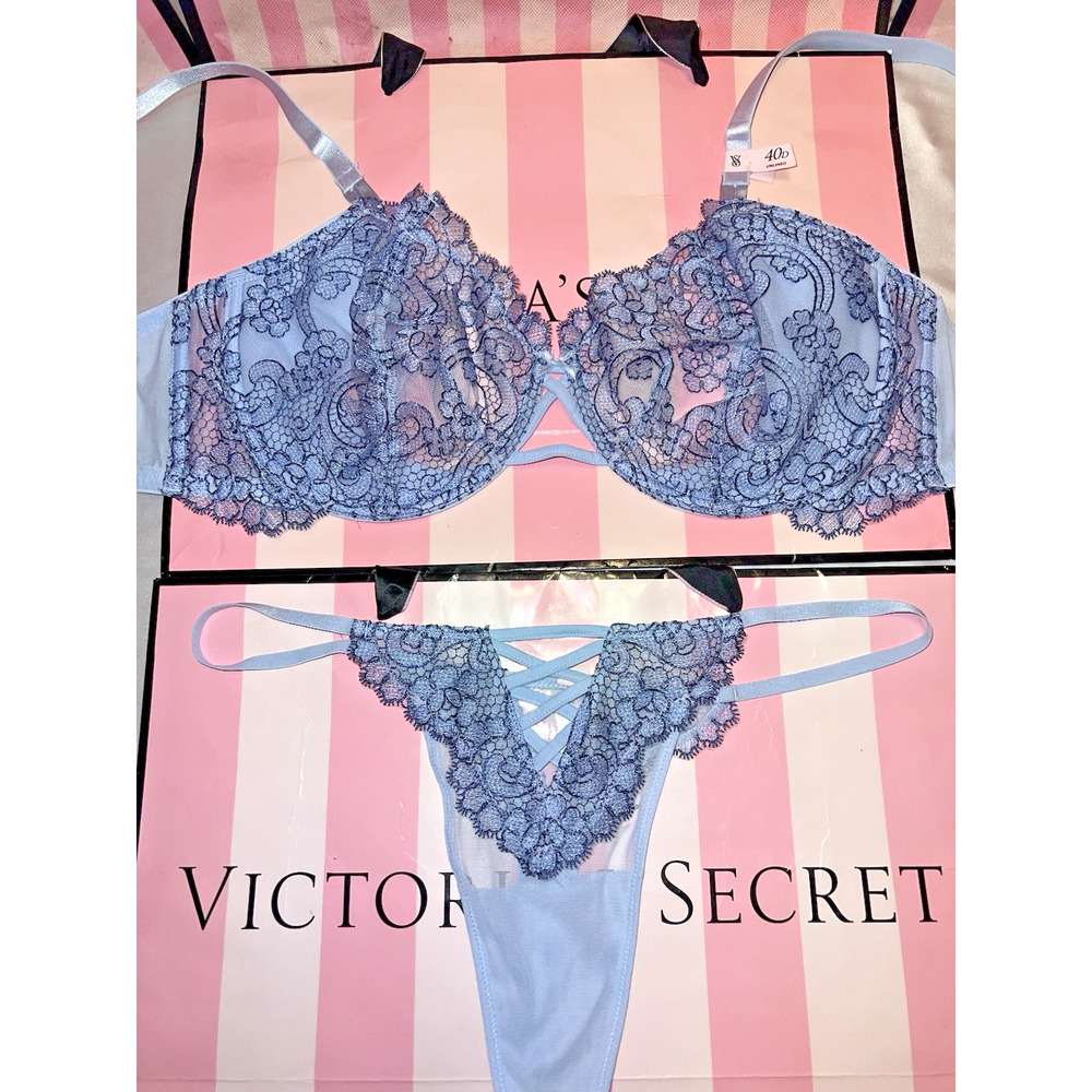 Victoria's Secret Bra Dream Angels & Thong 38G XL Blue Embroidered
